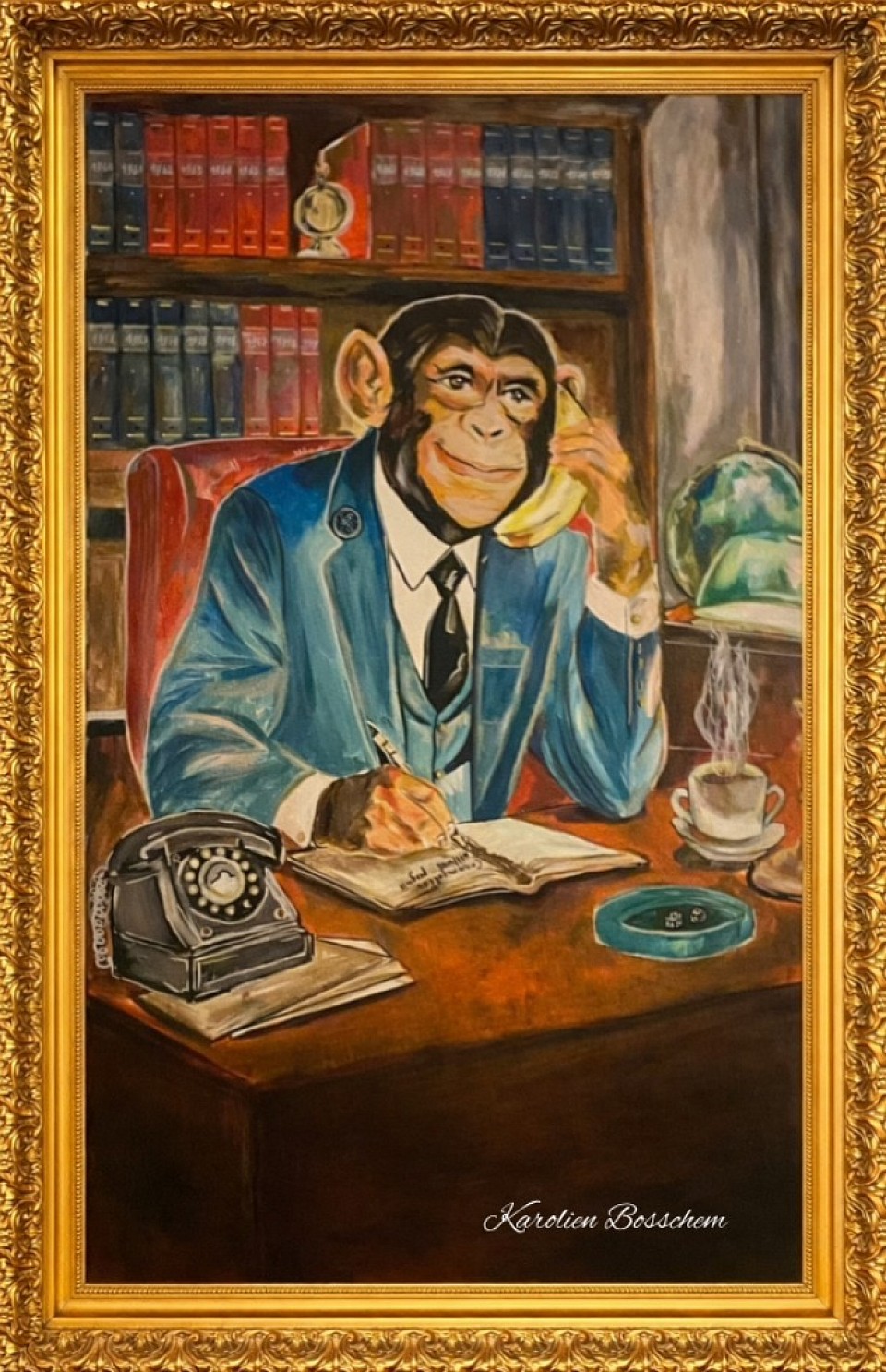 #contemporaryart #conceptualart #absurdity #modernlife #artwithhumor #interieurinspiratie #wallart #walldecoration #kunst ‘ Communication Without Progress’- Acrylicpainting 120cm *80cm -An ape sits at a desk, answering a call with a banana. The scene mirrors our own structures of work and communication. By replacing logic with instinct, the painting questions routine, productivity, and the silent distance between constant communication and real progress.