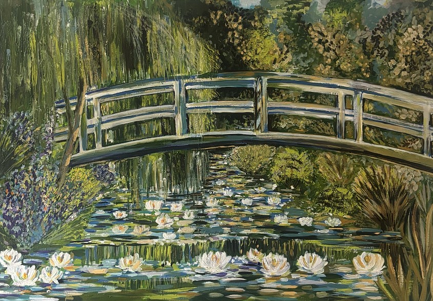 A Moment in Monet’s Garden  - 100*70 cm - Where light dances through the leaves and settles softly upon the water, nature becomes a moment of stillness and movement. Reflections, flowers and shadows merge into a quiet dialogue of colour and light — inviting the viewer to pause, breathe and simply be.